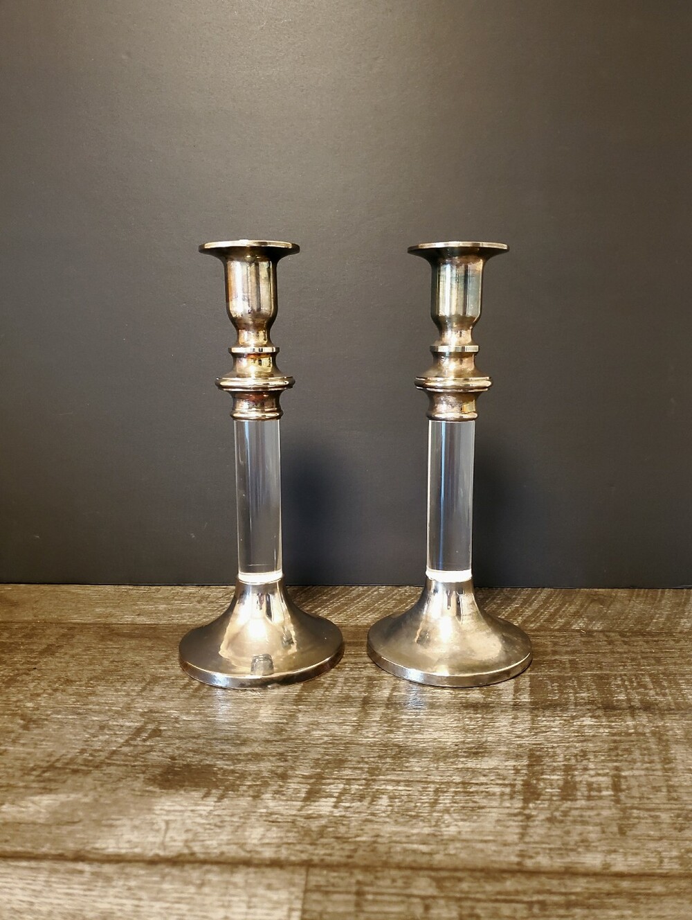 MCM Silver Plated and Lucite Glass Candlestick Pair Vintage Hong Kong 9"